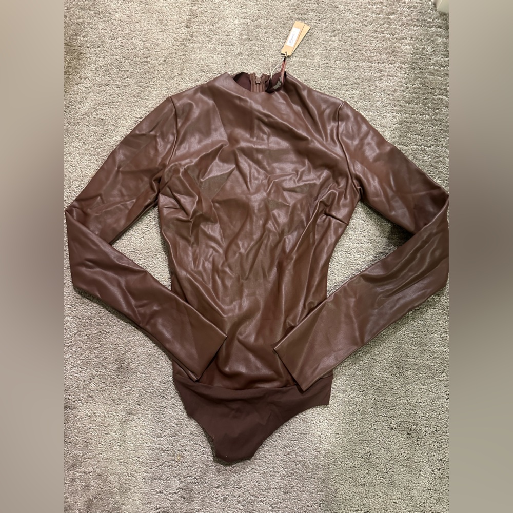 SKIMS Brown Faux Leather Long-Sleeve Bodysuit Jacket